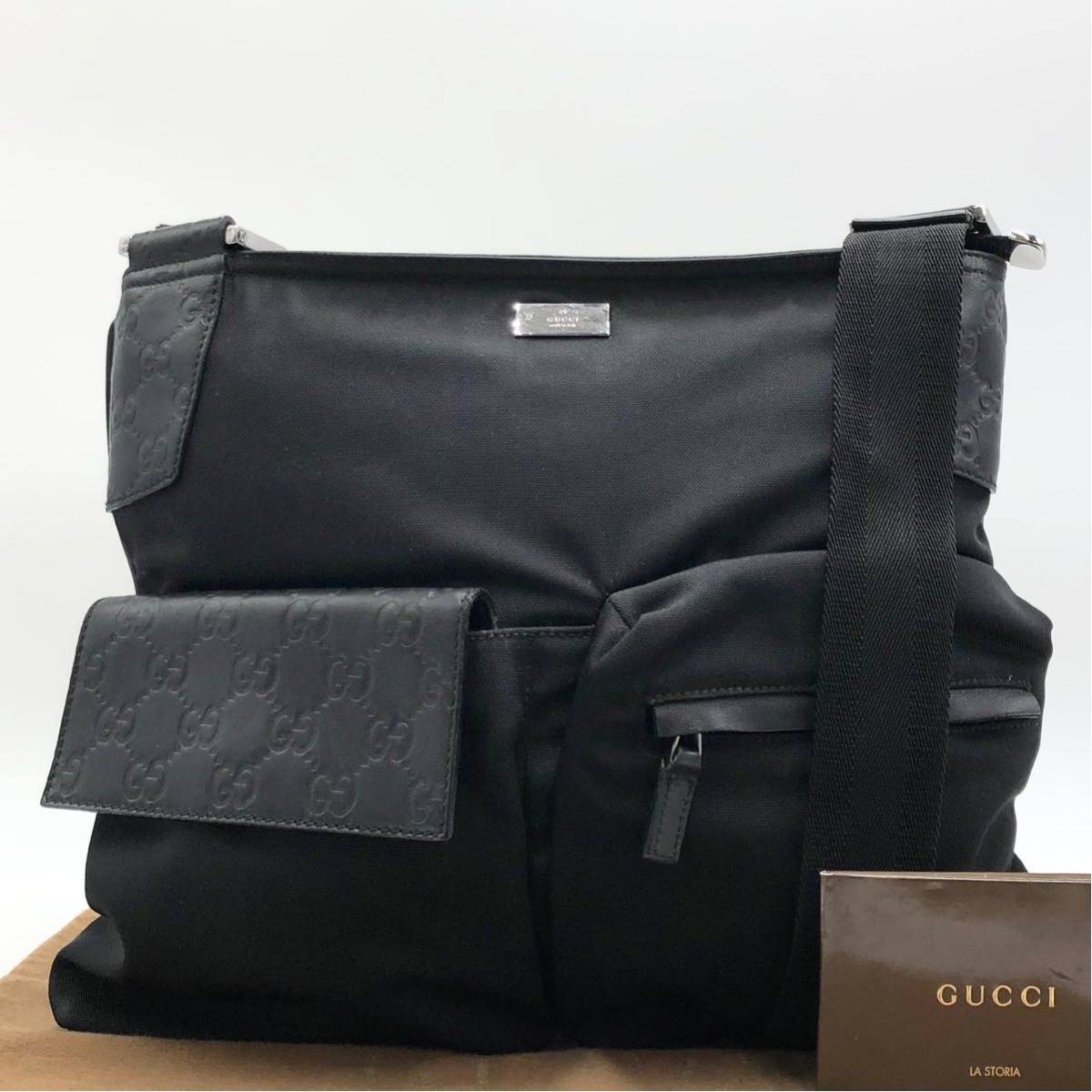 1円〜【上美品】GUCCI グッチ　シマレザー　ショルダーバッグ　斜めかけ　メッセンジャー　GG 黒　ブラック　メンズ　通勤　仕事用カバン_画像1