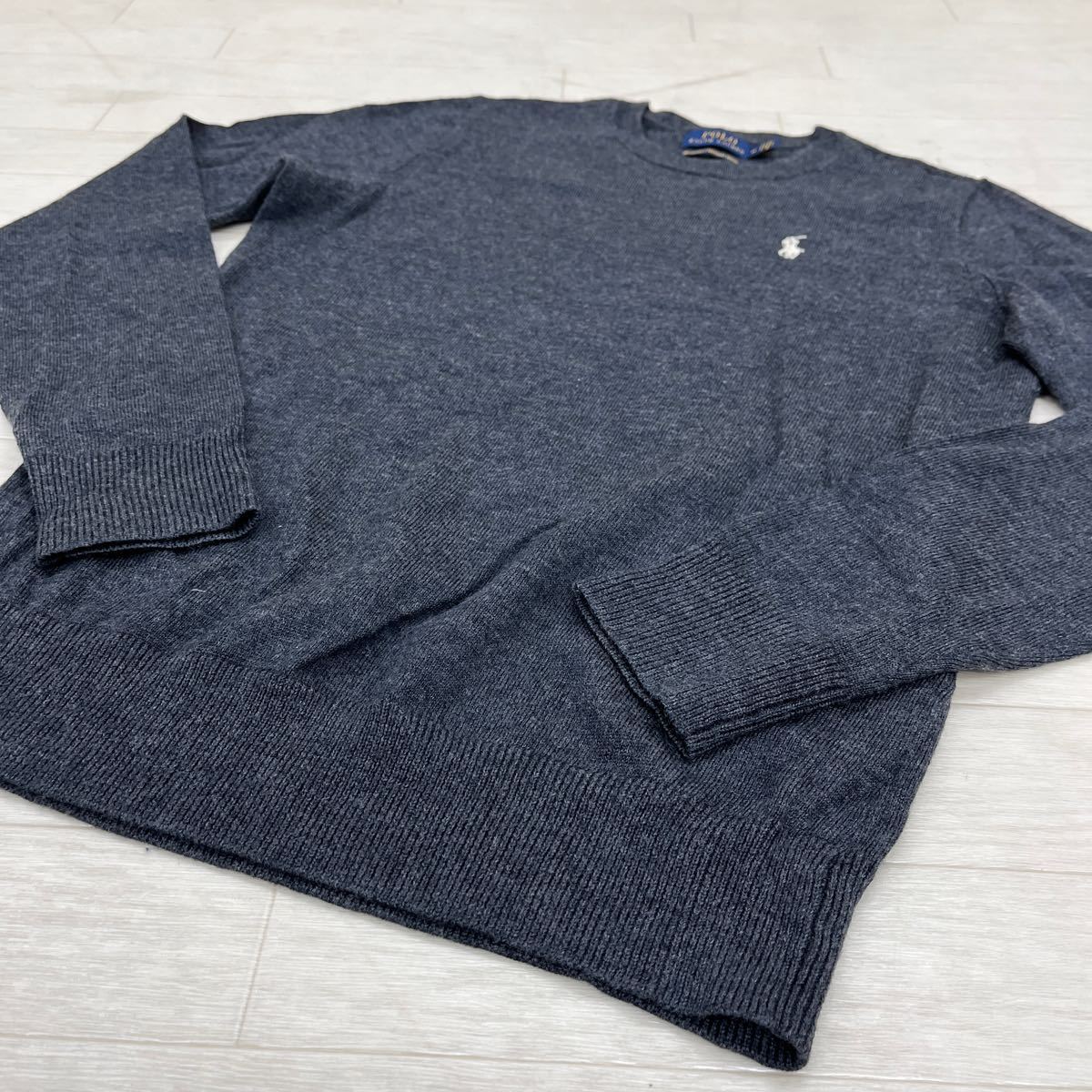 1232◎ POLO RALPH LAUREN ポロ ラルフローレン トップス ニット 薄手 長袖 クルーネック ワンポイント ロゴ 刺繍 ブラック メンズM_画像2