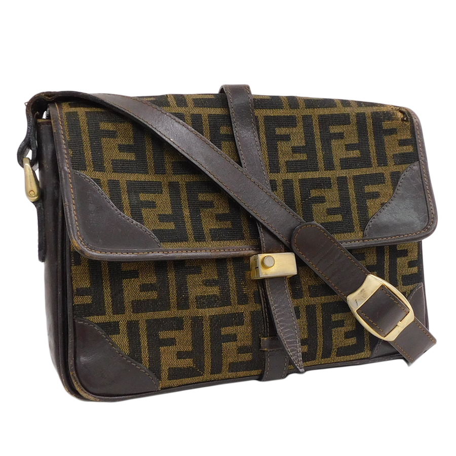 1円 ■ フェンディ ショルダーバッグ レディース ブラウン系 キャンバス×レザー ズッカ FENDI ■E.Bee.hP-7_画像1