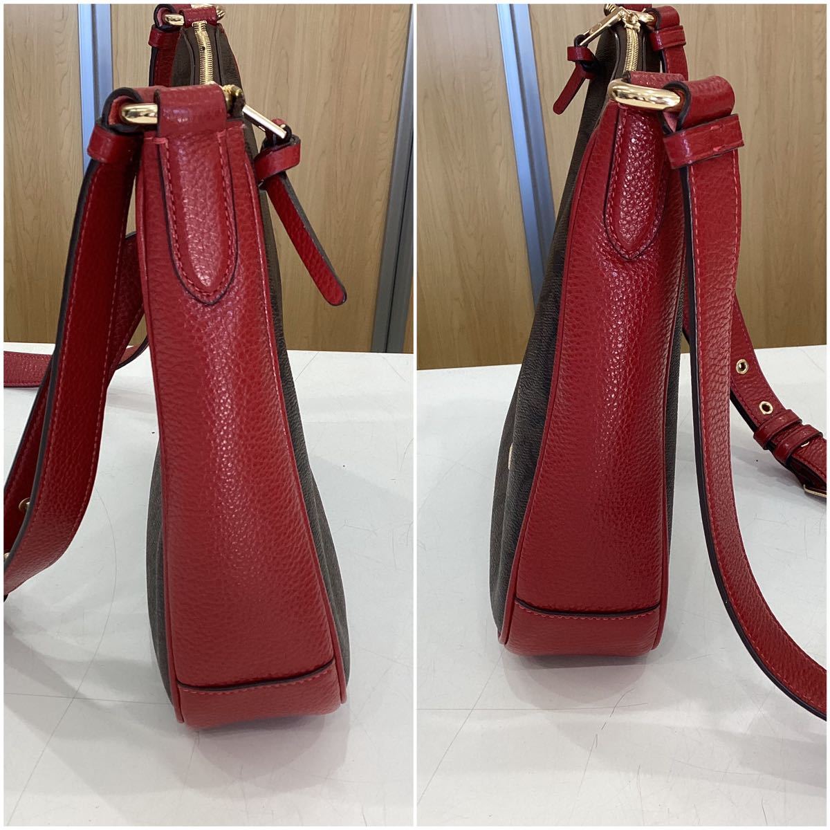 ＊【美品】COACH コーチ C1649 シグネチャー PVC×レザー ショルダーバッグ クロスボディ 斜め掛け レディース ブラウン系 レッド_画像4