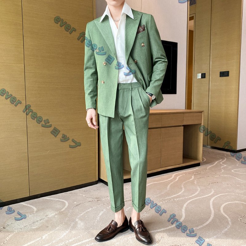 美品★スーツセット ビジネススーツ メンズ ダブルスーツ 上下セット シングルスーツ 高級 無地 スリム 二つボタン 紳士 結婚式 緑 M~3XL_画像7
