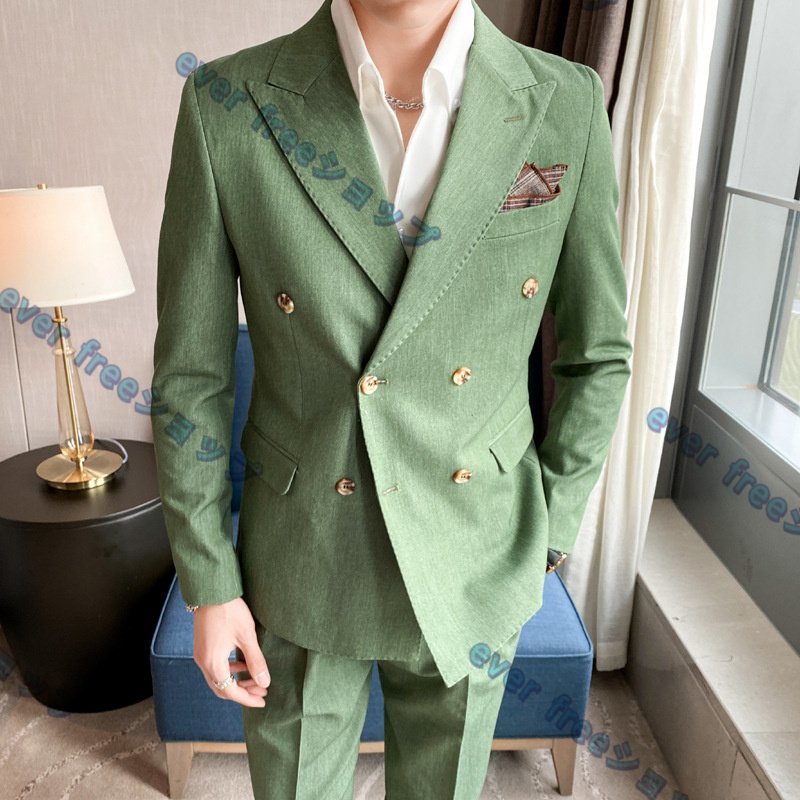美品★スーツセット ビジネススーツ メンズ ダブルスーツ 上下セット シングルスーツ 高級 無地 スリム 二つボタン 紳士 結婚式 緑 M~3XL_画像2