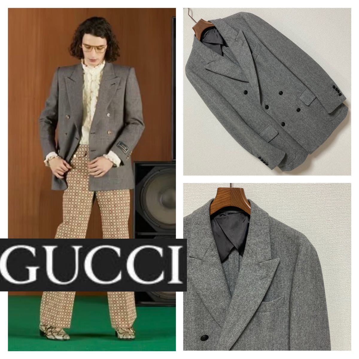 30万■GUCCI グッチ■ダブル テーラード ジャケット ブラックボタン 46 M グレー イタリア製 パッチポケット 正規品 ウールフラノ_画像1