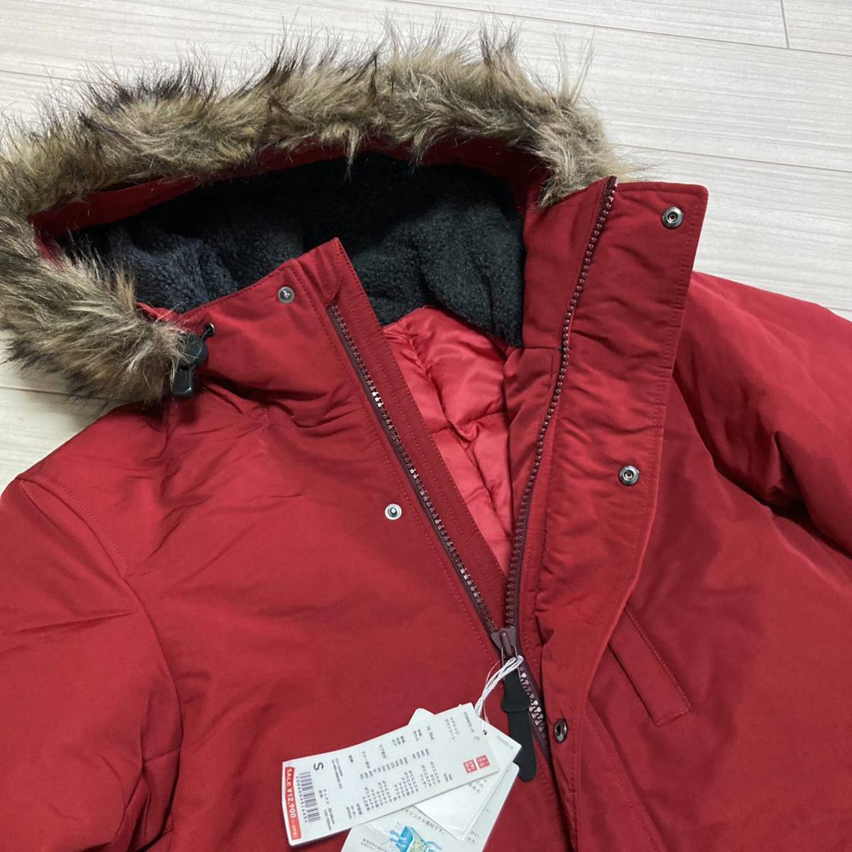  new goods not yet #UNIQLO Uniqlo # air Tec down coat jacket S red red fur hood reverse side boa f-ti- regular price 16390 jpy dead stock 