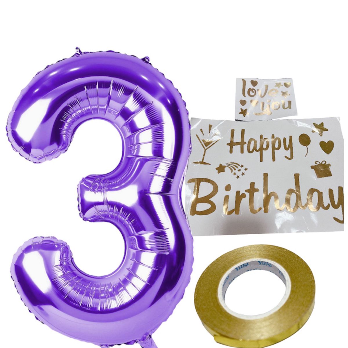 風船 紫 3 バルーン ステッカー シール happy birthday バースデーバルーン 飾り 装飾 誕生日 記念日 子供