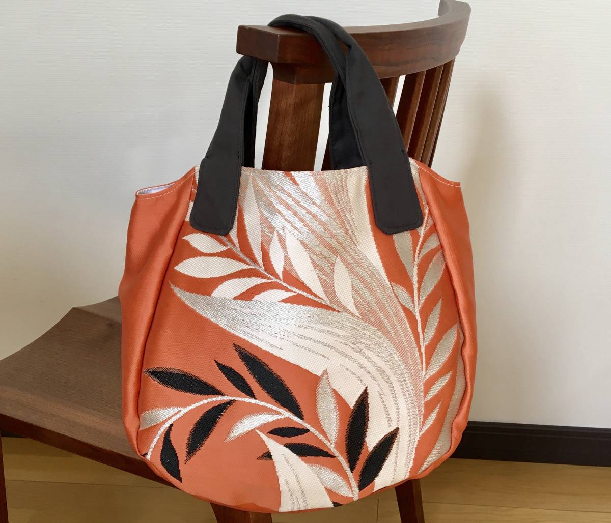  handbag leaf .. pattern cloth keep hand kimono obi lining attaching orange black silver white Japanese style tote bag handbag casual remake hand made 