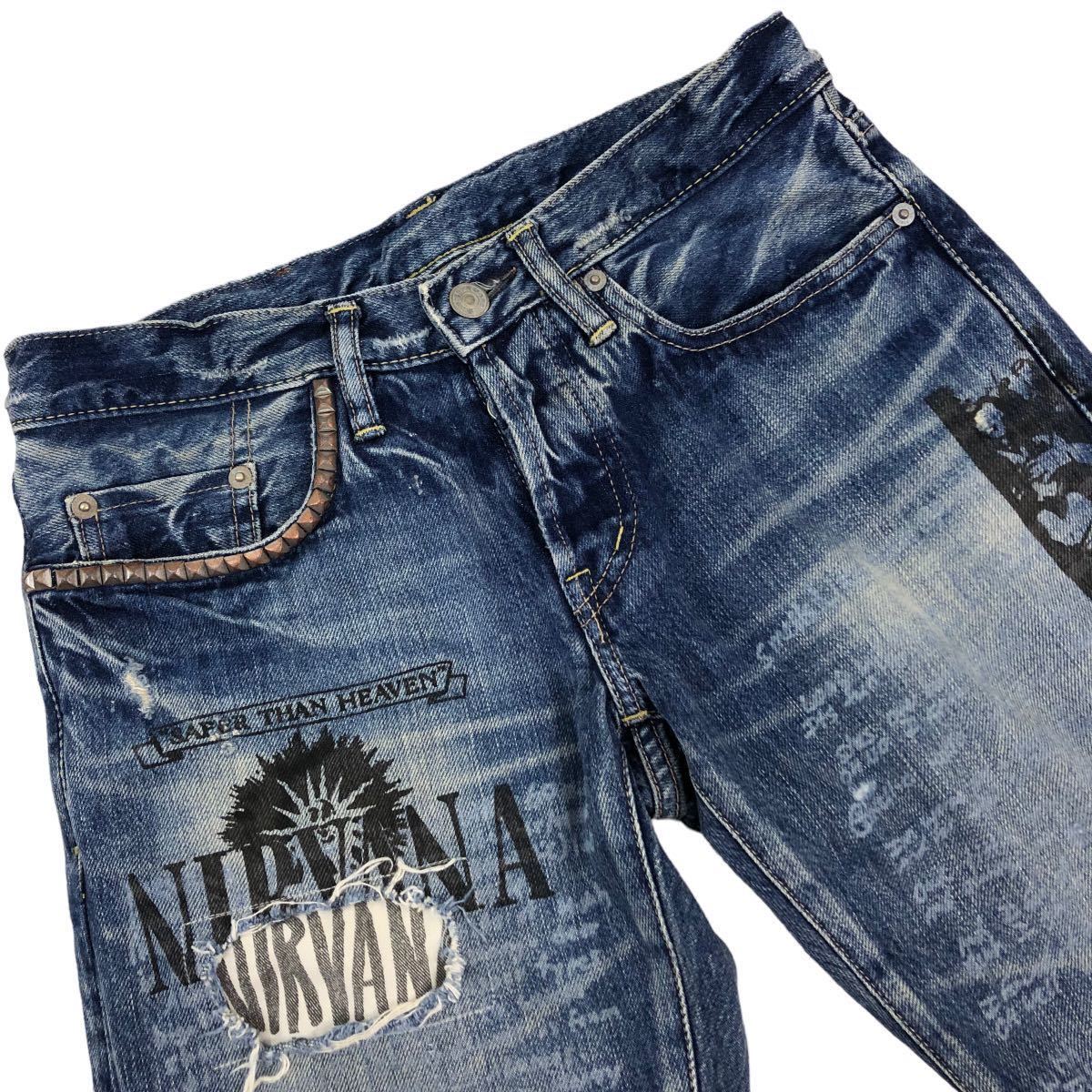 Nm152 HYSTERIC GLAMOUR ヒステリックグラマー NIRVANA ダメージ加工 スタッズ デニム パンツ ニルヴァーナ インディゴ メンズ 28 日本製_画像2