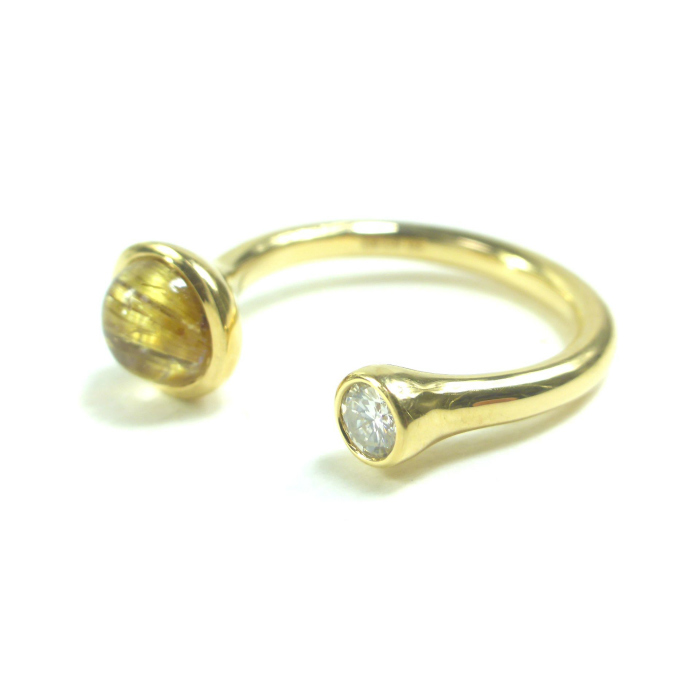 K18 （ジュエリー） ルチルクォーツ ダイヤ フォークリング 天然石 0.15ct 1.54ct ゴールド 15号 指輪 5.3g（美品）中古