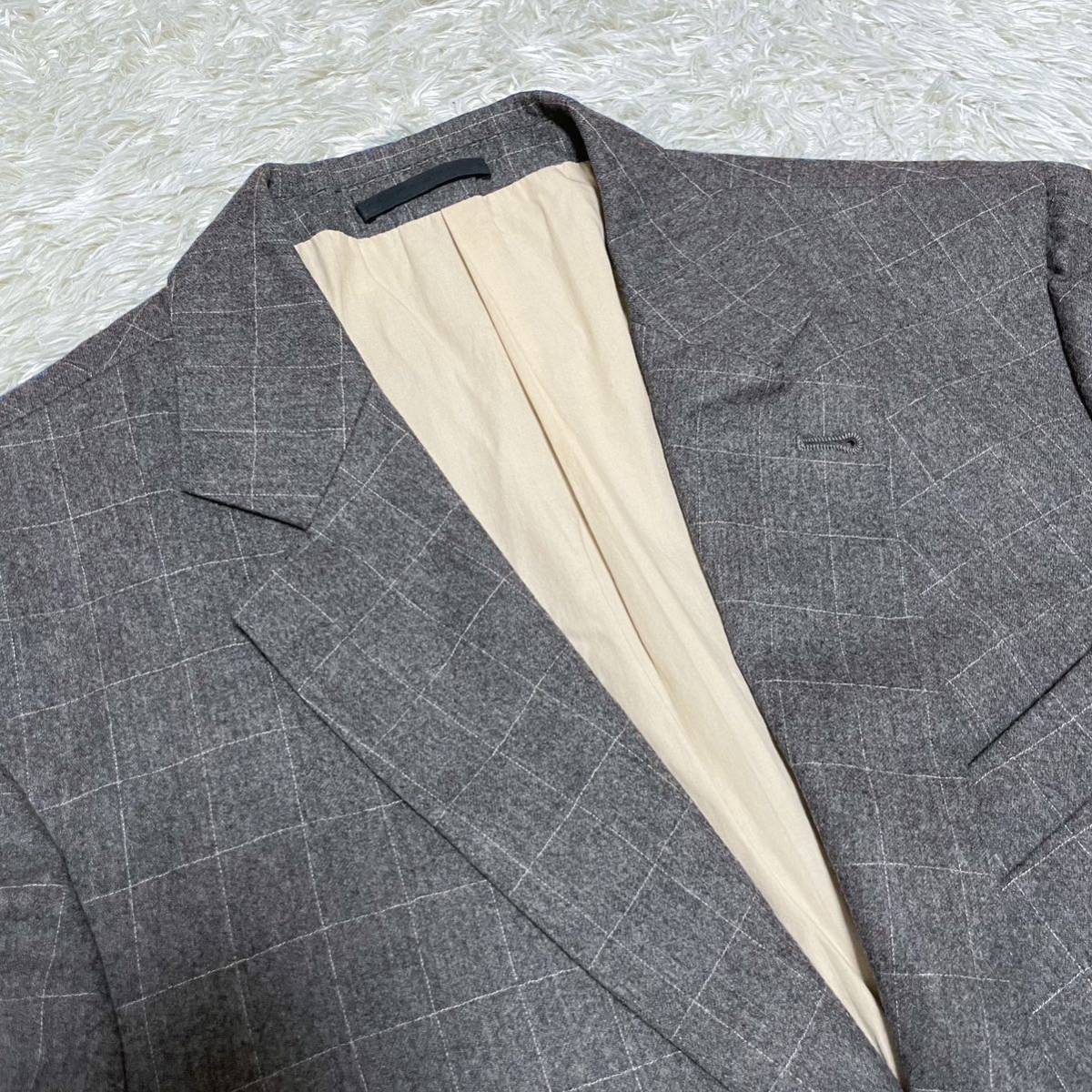 XL相当！ブルネロクチネリ BRUNELLO CUCINELLI カシミヤ混 ウール エルボーパッチ付 テーラードジャケット ブレザー チェック50 グレー_画像4