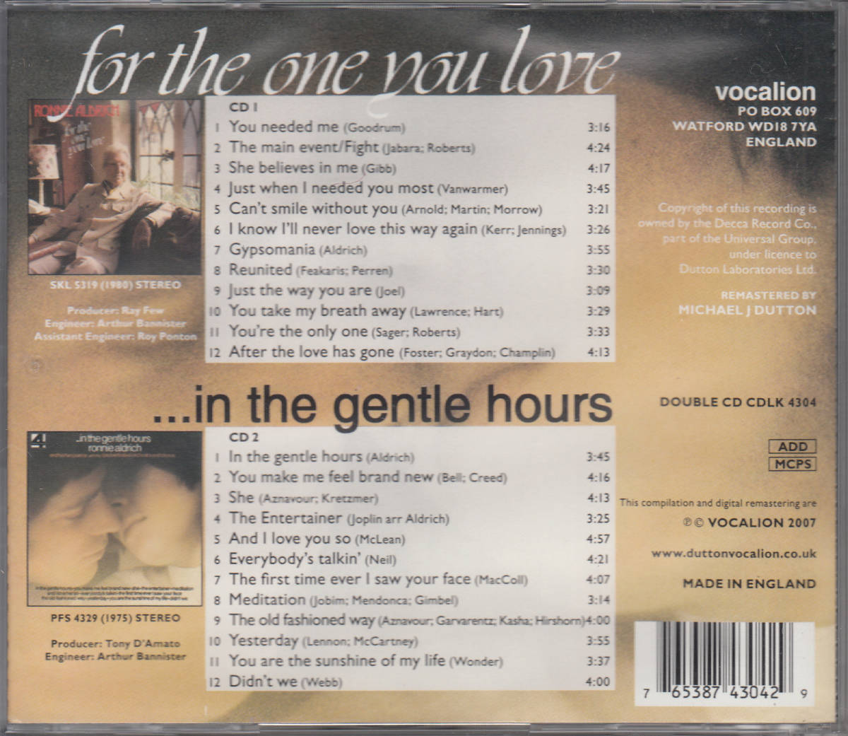 ◆送料無料◆ロニー・アルドリッチ/「for the one you love」「…n the gentle hours」 2枚組 Import v7573_画像2