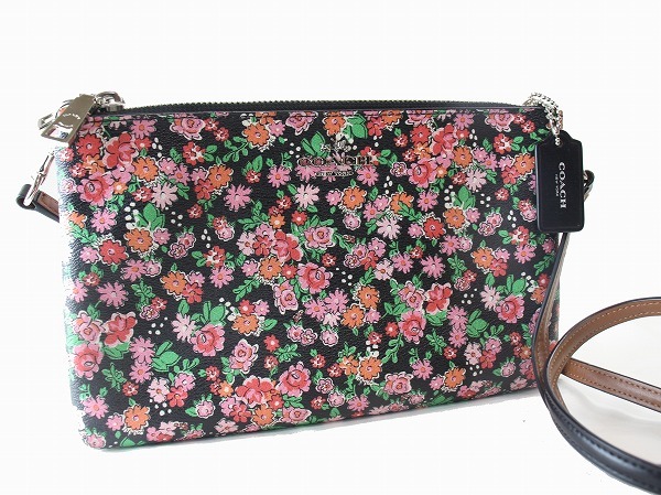 1円　美品　コーチ　COACH　F57883 　★　ショルダーバッグ　ポシェット　★　ブラック　×　ピンク　小花　フラワー　8539_画像1