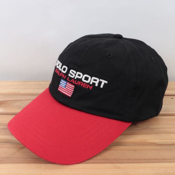 rlpsc1【美品】ラルフローレン ポロスポーツ ブラック 赤 RALPH LAUREN POLO SPORT 星条旗 キャップ CAP 帽子 ブランド 中古 古着 正規品_画像1