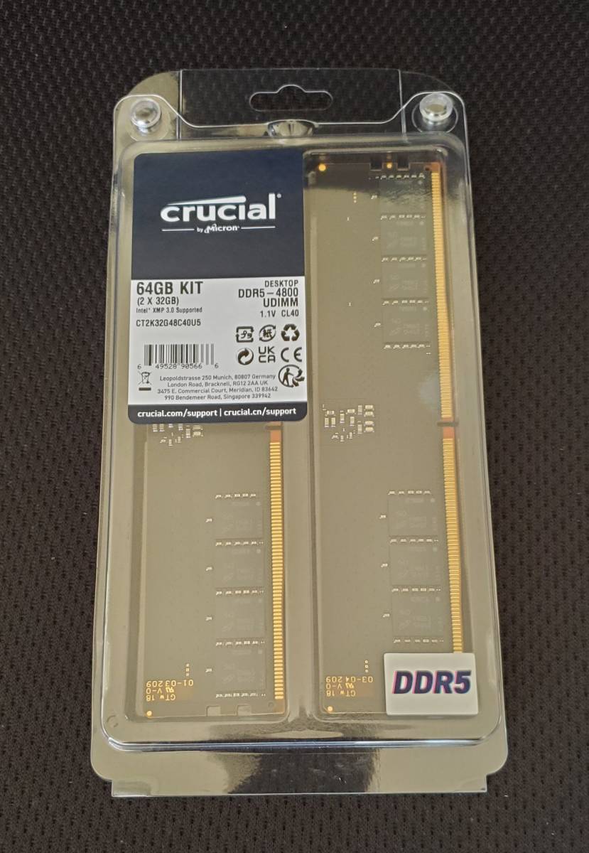 667 新品 デスクトップ用 メモリ Crucial（クルーシャル） PC5-38400 DDR5-4800 DDR5 UDIMM 64GB（32GB×2枚） CT2K32G48C40U5_画像1