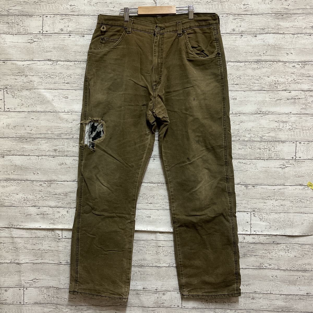 90's Wrangler ダメージパンツ 厚手 裏地起毛 カーキ色 38×32