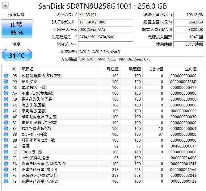 07A1019 健康状態正常 SanDisk M.2 SSD Type 2280 SATA 256GB 中古 抜き取り品 動作確認済 SD8TN8U-256G-1001 SSD X400_画像4