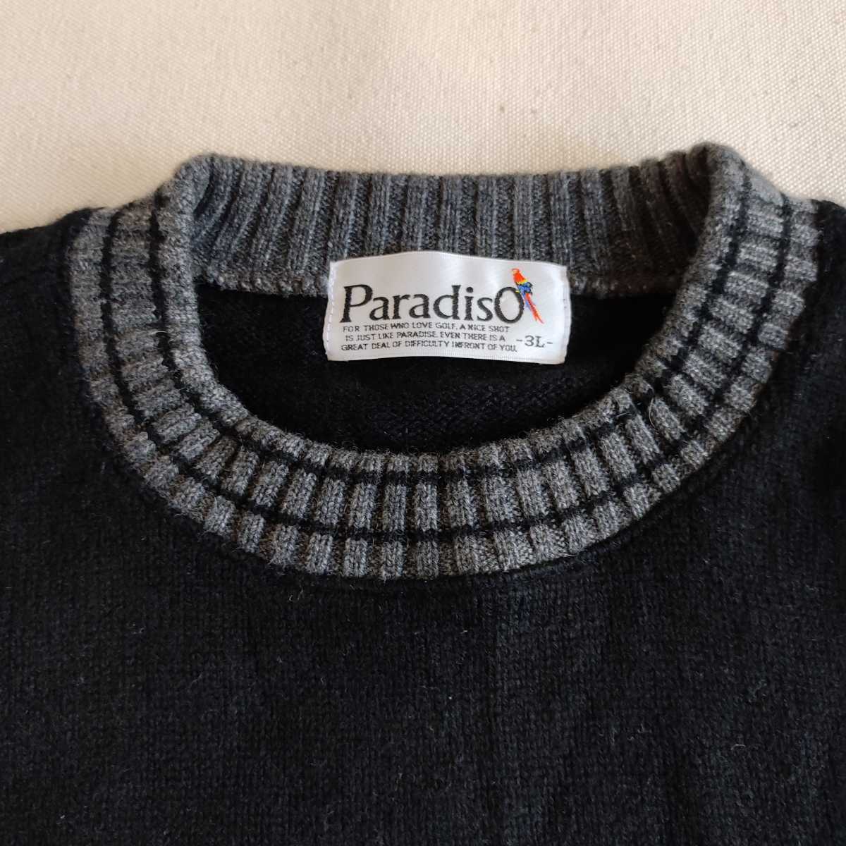 ParadisO パラディーゾ ニット セーター ブラック/グレー切替 3Lサイズ カシミア 100% クルーネック 胸刺繍入 日本製 ブリヂストンスポーツ_画像3