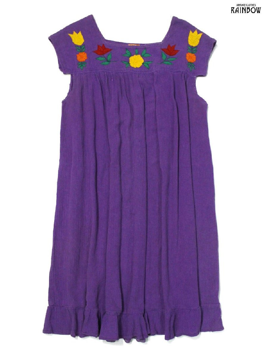 ヴィンテージ レトロ 古着 刺繍 無地 コットン ロング丈 半袖 ワンピース 紫 (otu2307091)