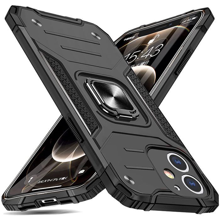【S80】iPhone14耐衝撃角度調整リング付車載対応スタンドケース（黒）
