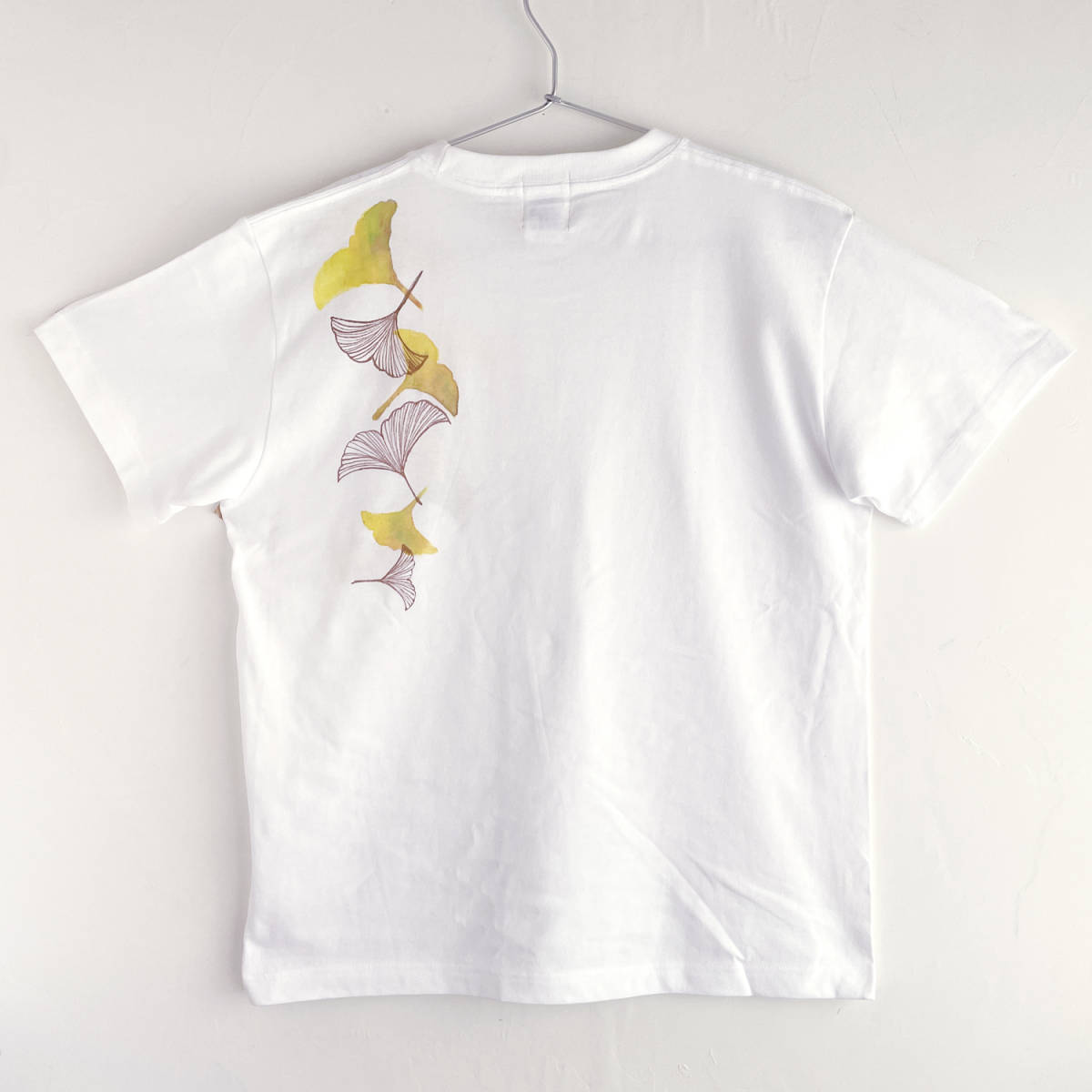 メンズ Tシャツ Sサイズ イチョウ柄Tシャツ ホワイト ハンドメイド 手描きTシャツ 銀杏_画像5