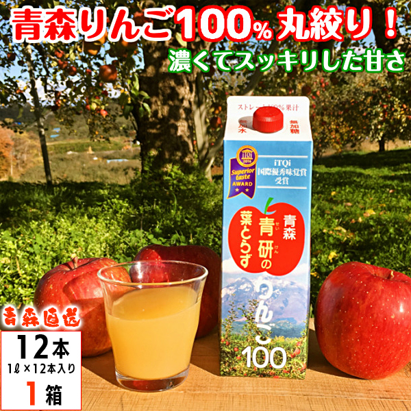葉とらず りんごジュース 1000mg 12本 1ケース 青森産 100%ストレート果汁 無添加 リンゴジュース ジュース 青研_画像1