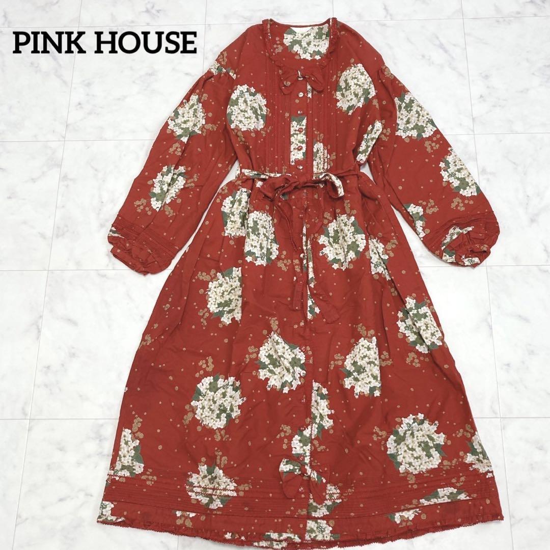 経典 PINK 赤 フリーサイズ ピコフリル 花柄 ロングワンピース HOUSE ワンピース（ロング）