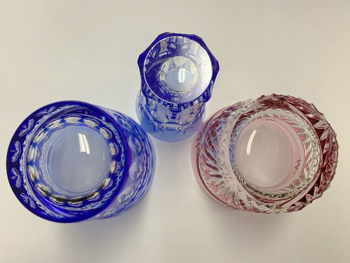 Y417-I57-531 HOYA CRYSTAL 切子 工芸ガラス ロックグラス ビアタン カットガラス ブルー ピンク 食器 コップ 3点セット ⑥_画像9