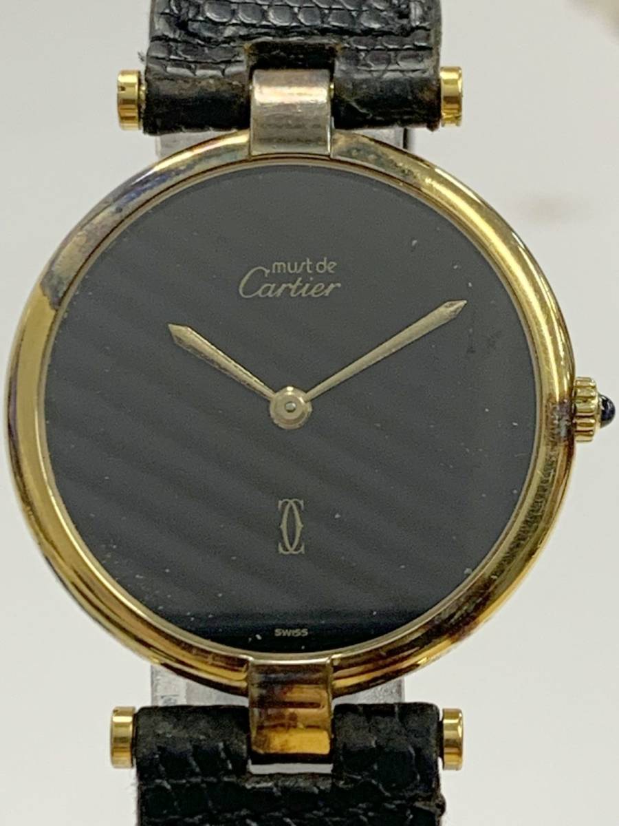 X506-I37-3014◎ Cartier カルティエ マストヴァンドーム ブラック文字盤 925 ラウンド メンズ QUARTZ クオーツ 不動 腕時計 ⑥_画像1