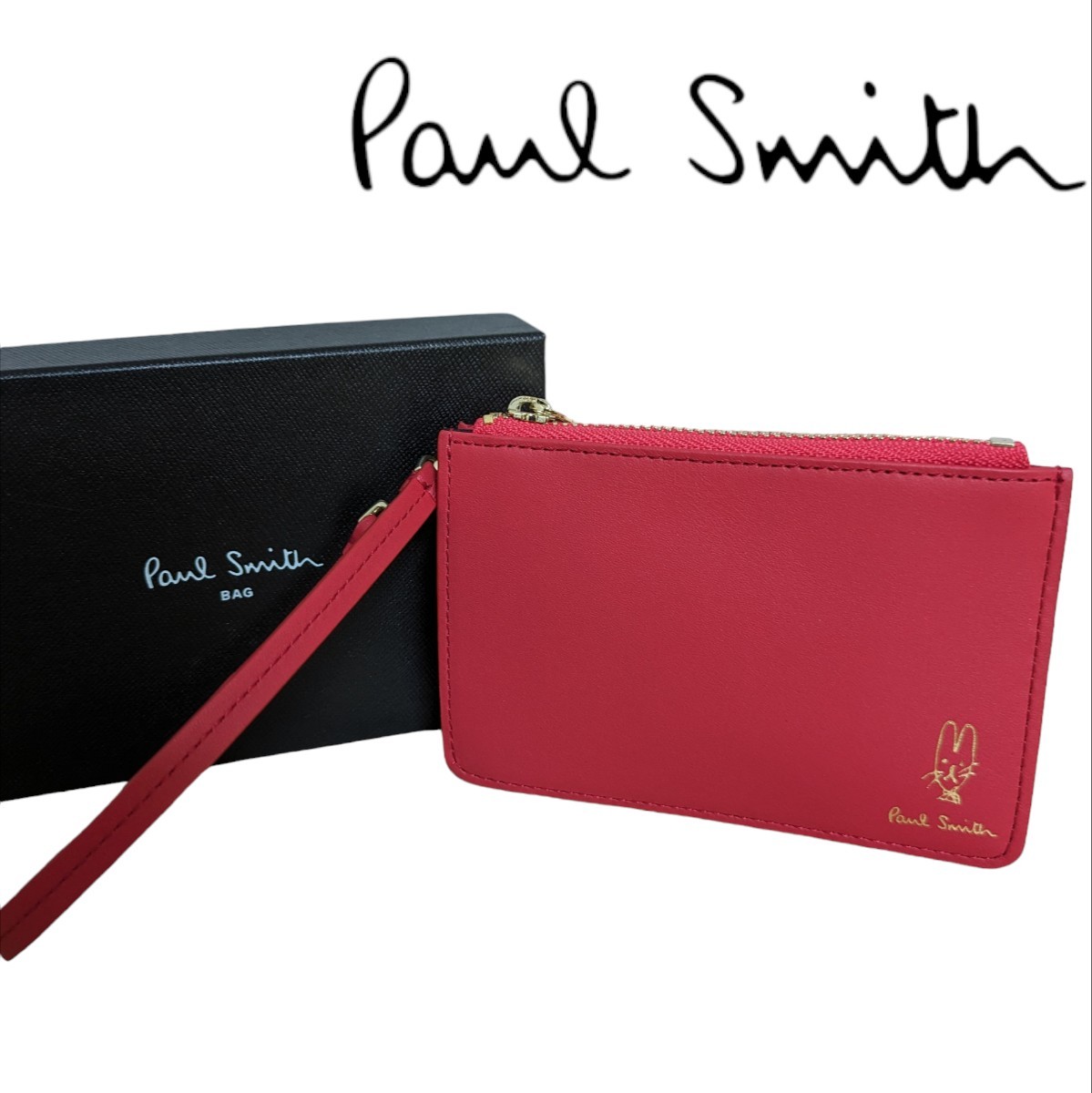 新品 ポールスミス Paul Smith コインケース 小銭入れ カードケース ストラップ バルーンバニーエンボス レッド 箱付き レディース 牛革