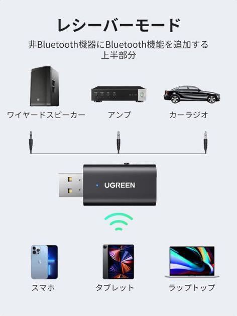 UGREEN Bluetooth 5.1 トランスミッター&レシーバー 一台二役 Bluetooth送信機＆受信機 3.5mmオーディオ 通信距離10M マイク内蔵 _画像4