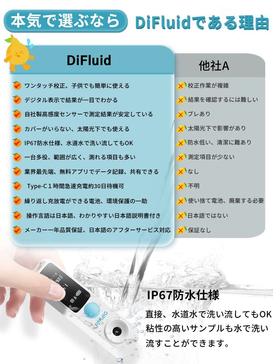 【送料無料】糖度計 デジタル 果物 精度±0.1% Brix0-32% ポケット糖度計 測定器 果物 麦汁糖度 温度自動補正 アプリ連携 DiFluid 《H88》_画像5