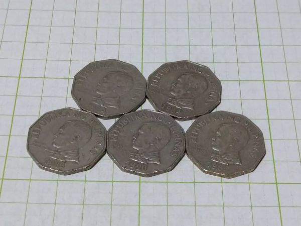 フィリピン　大型６角形　２ペソ硬貨　コイン　ヤシの木　５枚組　コンチョ　_画像1