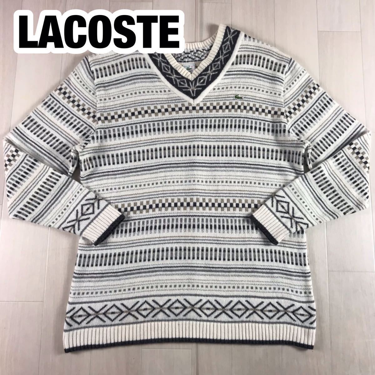 LACOSTE ラコステ 長袖ニット セーター 44 マルチカラー 総柄 Vネック ワニ_画像1