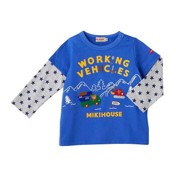 青 新品タグ付き/日本製★ミキハウス★MIKIHOUSE★働く車 プッチー重ね着風長袖Ｔシャツ 元気なカラーリングのプッチー長袖Ｔ_画像2