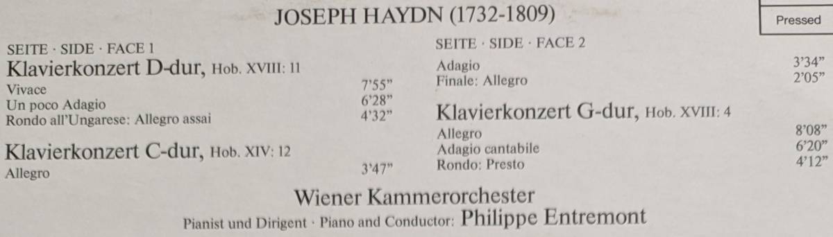 輸入LP盤 フィリップ・アントルモン/Wiener Kammerorchester　Haydn Piano協奏曲 Hob.XVⅢ:11 ,XIV:12 , XVⅢ:4_画像2