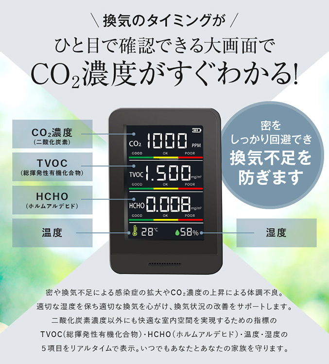 送料無料 OMNI オムニ HCOM-CNJP002 日本製 多機能型CO2濃度測定器 二酸化炭素 濃度計 計測 換気 温度 湿度 ホルムアルデヒド シェディング_画像7