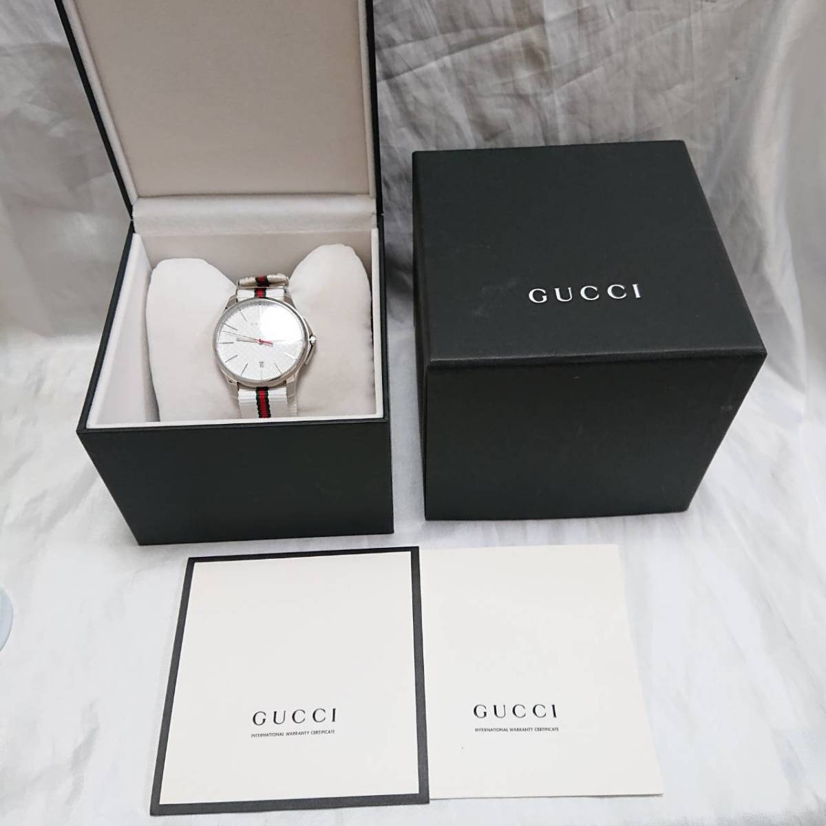 ★【１円スタート！！】グッチ GUCCI 126.3 G-タイムレス G-TIMELESS クオーツ 腕時計 ホワイト文字盤 ナイロンベルト メンズ 箱_画像10