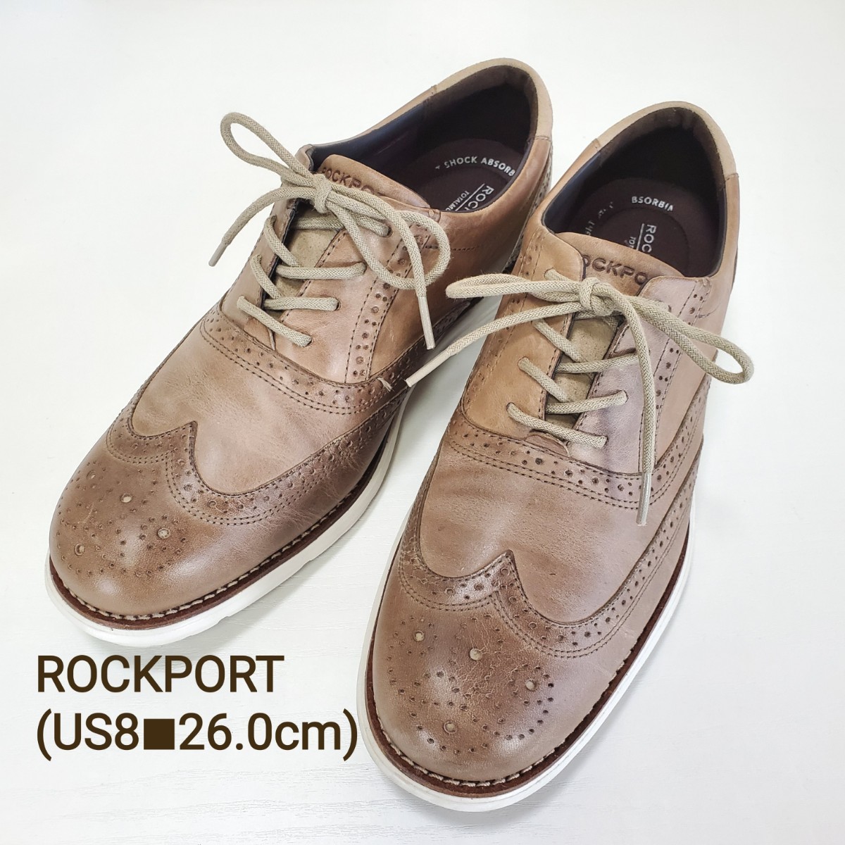 美品◆ROCKPORT ロックポート 本革レザー スニーカー ビジネスシューズ ウィングチップ(US8■26.0cm)チャコールブラウン_画像1