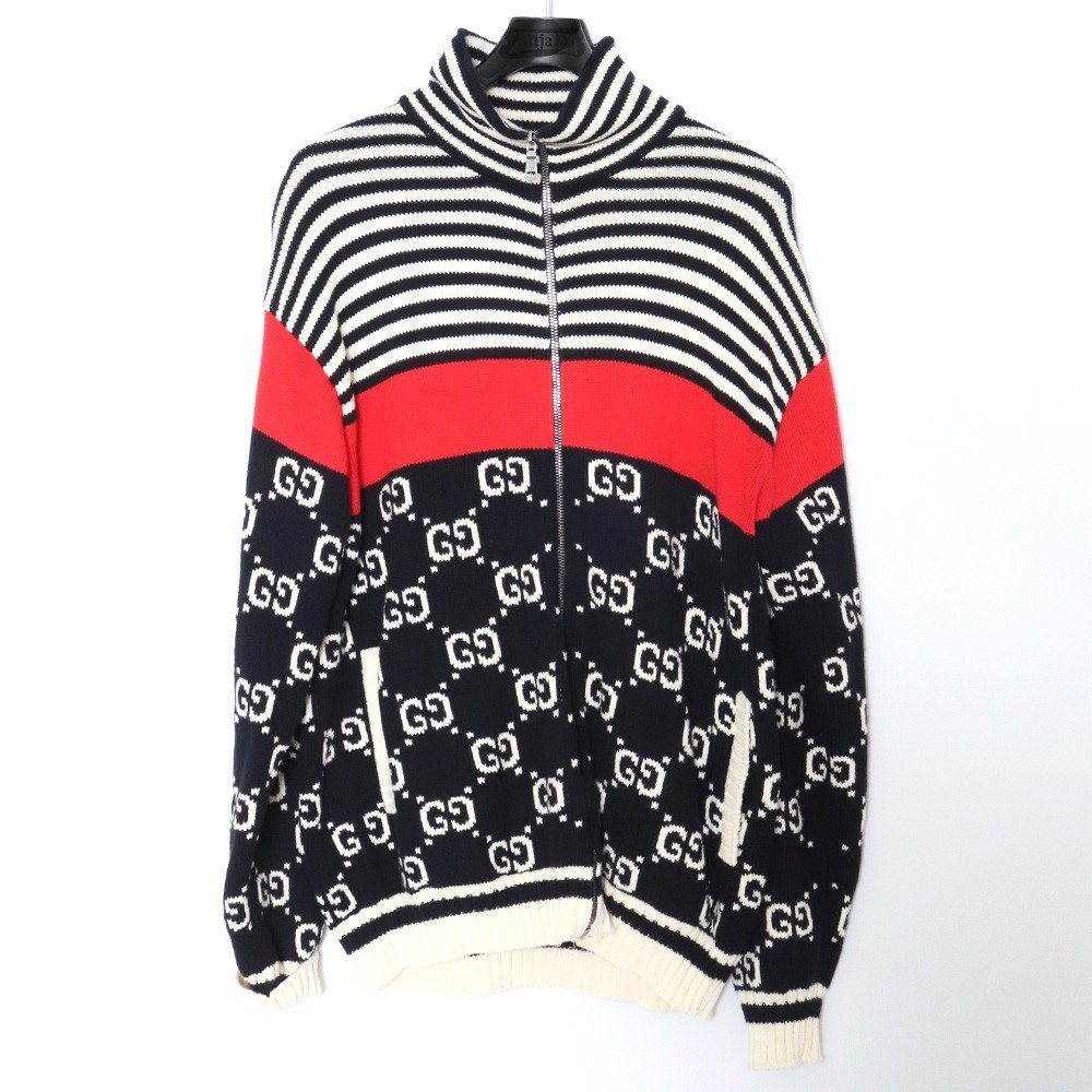 GUCCI 20AW GG HIGH NECK NKIT ZIP CARDIGAN M size navy 545701-XKABP Gucci high‐necked cotton knitted Zip up cardigan 