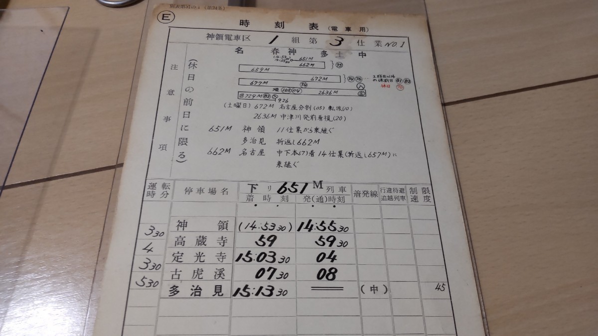 値下げ【長さ約41.5センチ】昭和47年運転士時刻表 神領電車区　定期行路　中央線・中央西線　ステンレス枠とプラスチック板付き_画像7