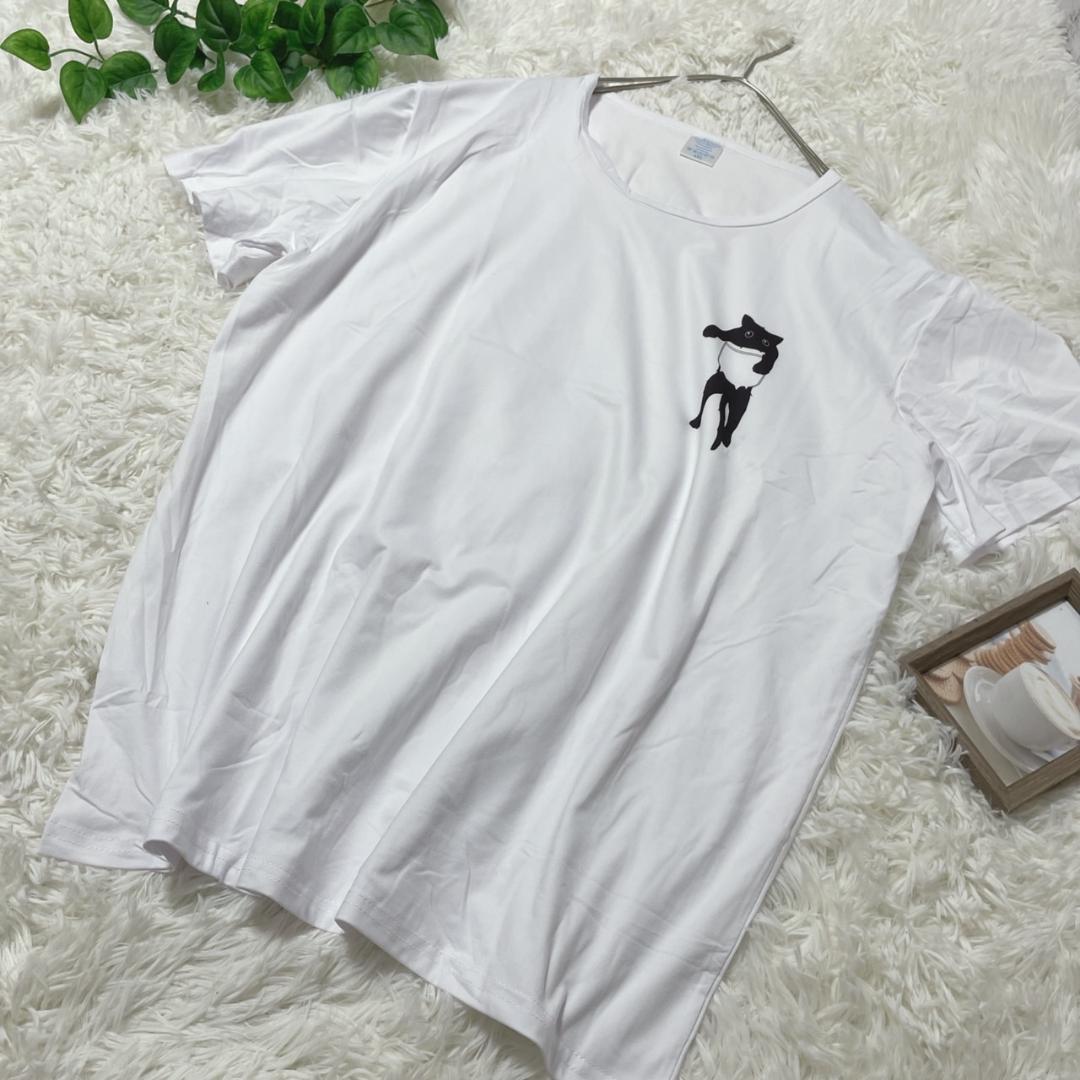 セール XL XXL 白 胸ポケット 猫 黒猫 だらん ニャンコ 半袖 Tシャツ