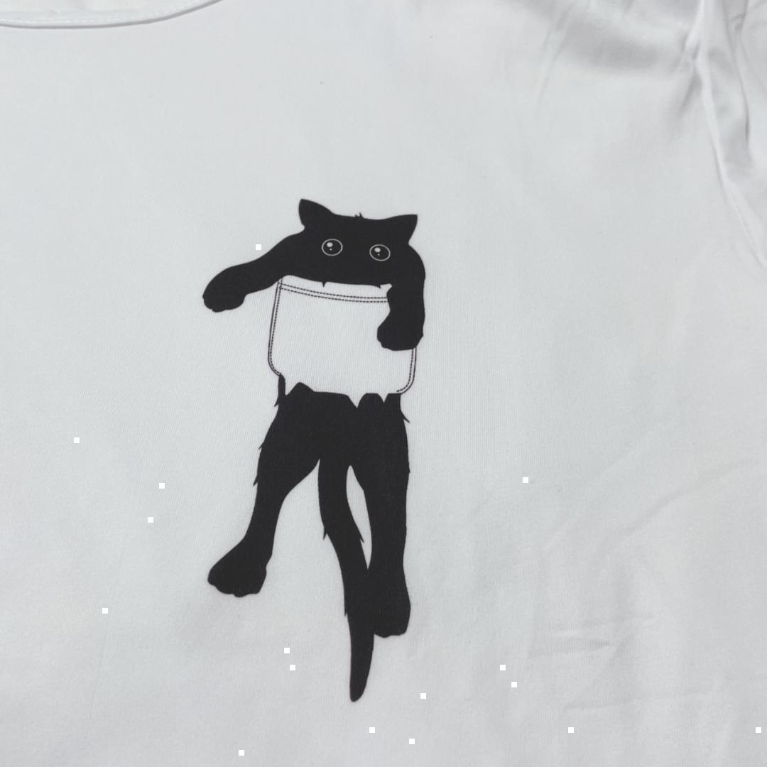 セール XL XXL 白 胸ポケット 猫 黒猫 だらん ニャンコ 半袖 Tシャツ