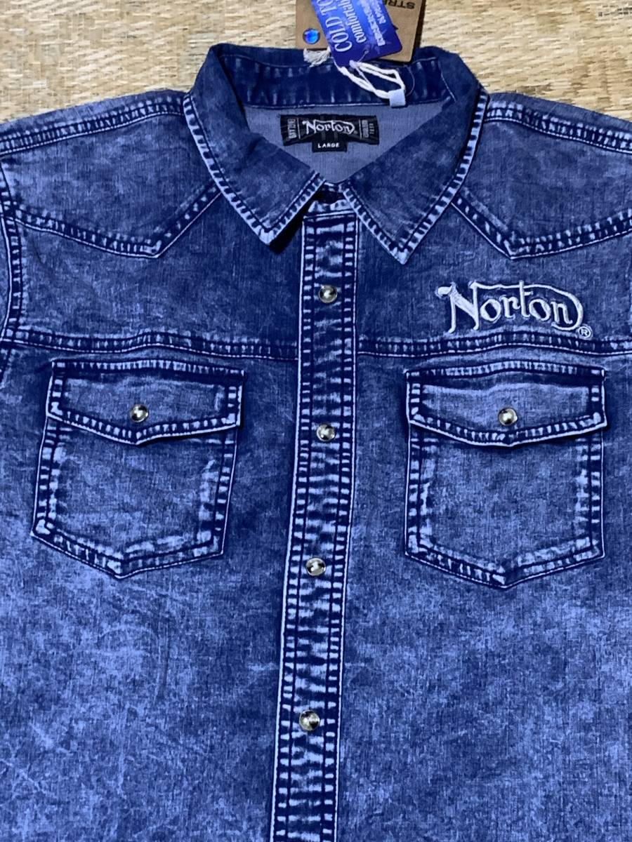 新品！Norton ENGLAND インディゴ五分袖刺繍入りシャツ　L_画像2
