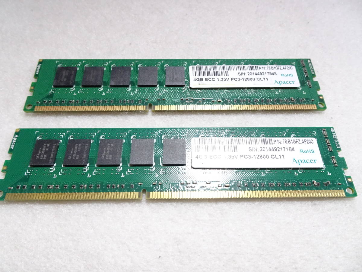 美品 Apacer デスクトップPC用 PC3-12800 DDR3-1600 1枚4GB×2枚組 合計8GB ECC 動作検証済 1週間保証 4GB ECC 1.35V PC3-12800 CL11_画像2