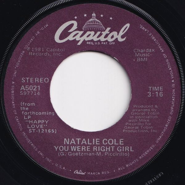 Natalie Cole You Were Right Girl / Across The Nation Capitol US A5021 204663 SOUL ソウル レコード 7インチ 45_画像1