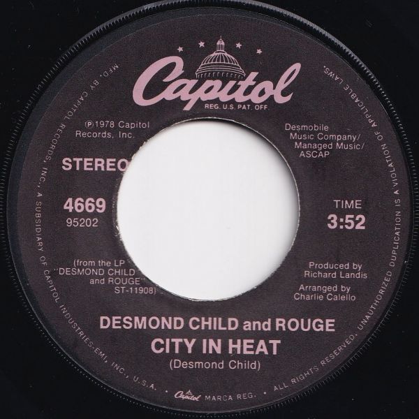 Desmond Child And Rouge Our Love Is Insane / City In Heat Capitol US 4669 204660 SOUL DISCO ソウル ディスコ レコード 7インチ 45_画像2