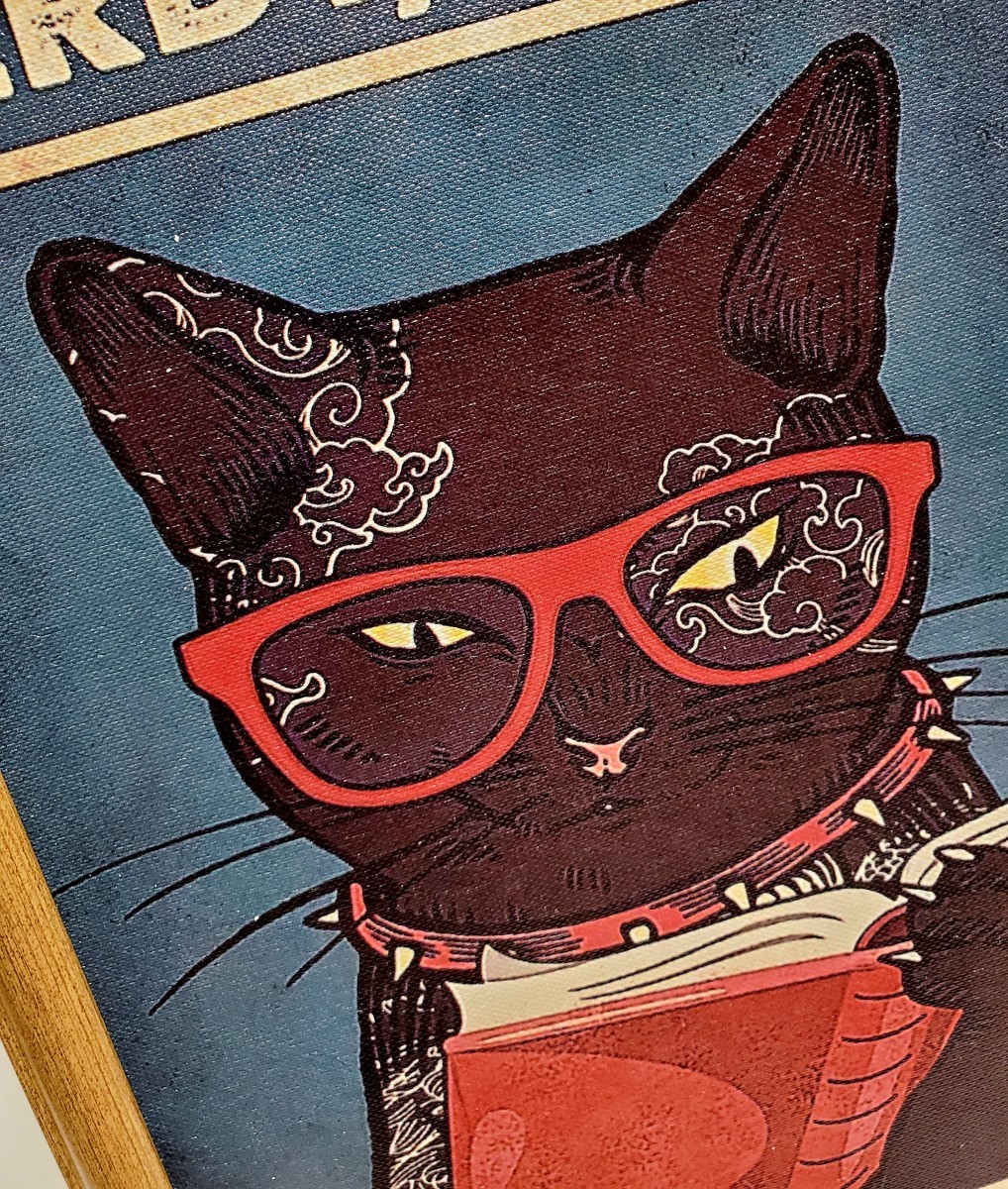 猫のポスター　キャンパスアート　T8　黒猫　レトロ　 フレーム付き　A4　猫の雑貨　HANAKO