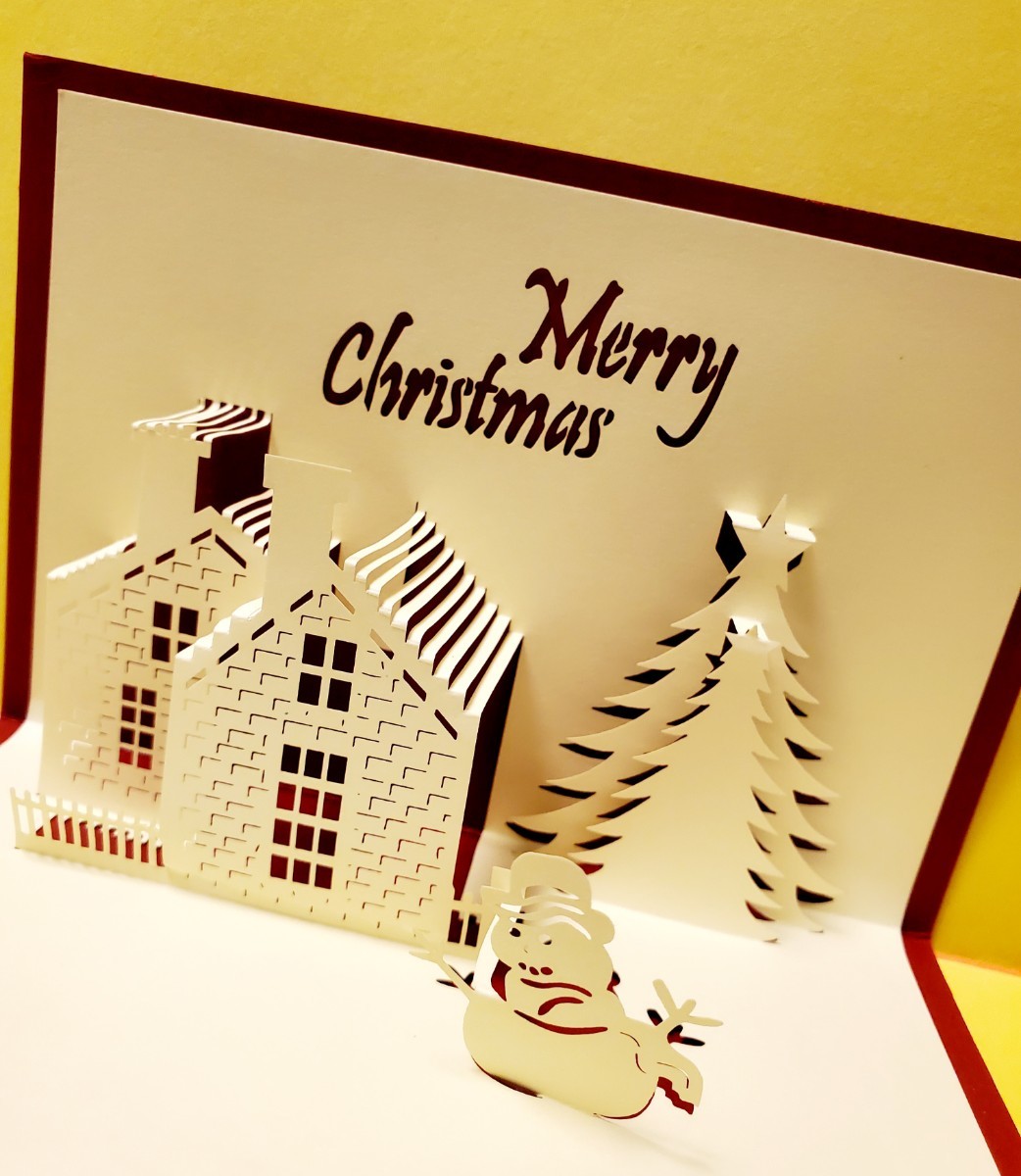 立体カード　HANAKO　飛び出す　クリスマス　レトロ　白い家　ポップアップグリーティングカード