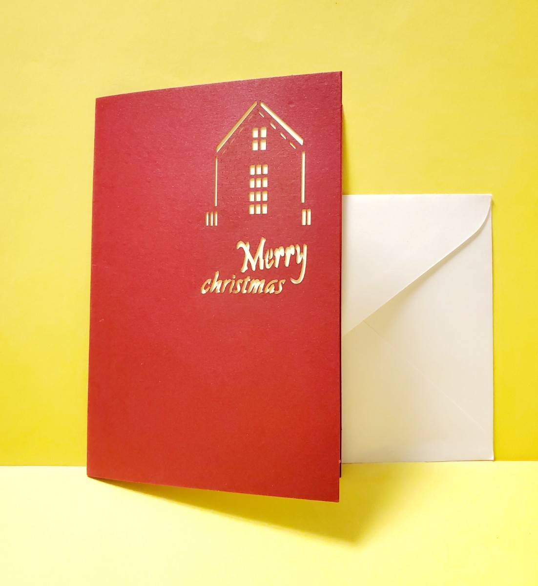 立体カード　HANAKO　飛び出す　クリスマス　レトロ　白い家　ポップアップグリーティングカード