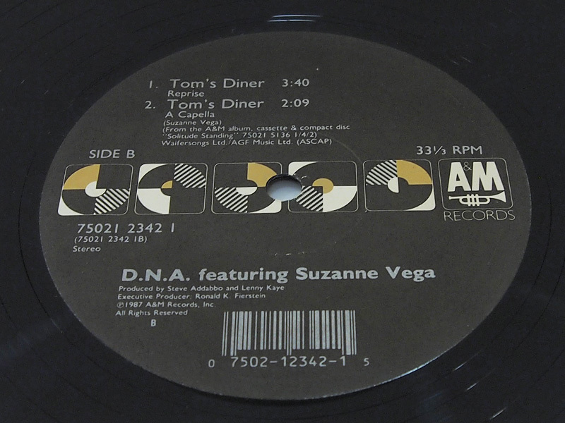 D.N.A. Featuring Suzanne Vega / Tom's Diner 12inch レコード A&M Records 1990年 F_画像3