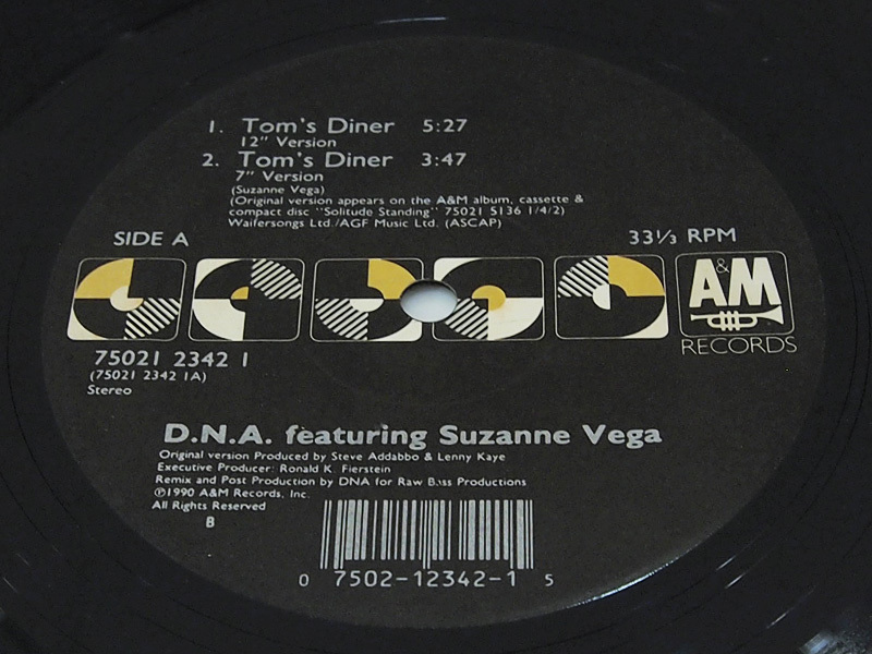 D.N.A. Featuring Suzanne Vega / Tom's Diner 12inch レコード A&M Records 1990年 F_画像2